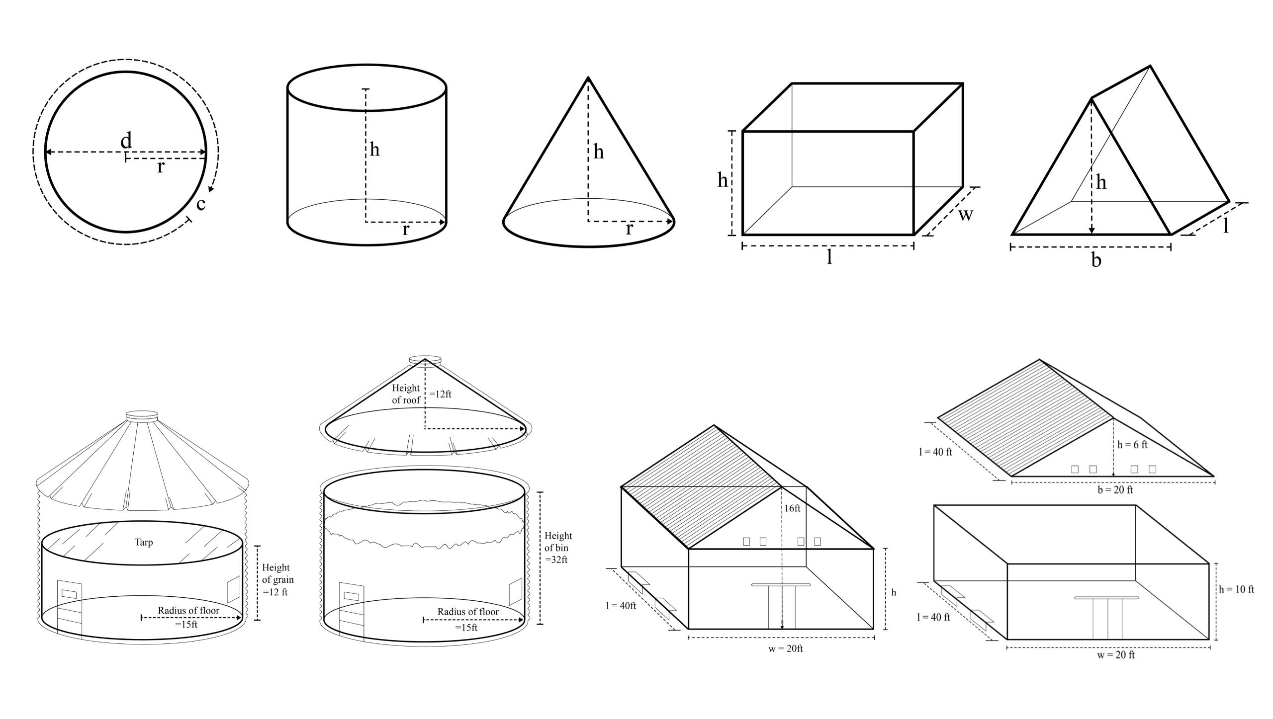 Above: Geometric shape diagrams for diameter, radius, cylinder, cone, cube, and triangular prism. Below: silo and farm house broken down into basic geometric shape for volume calculations.