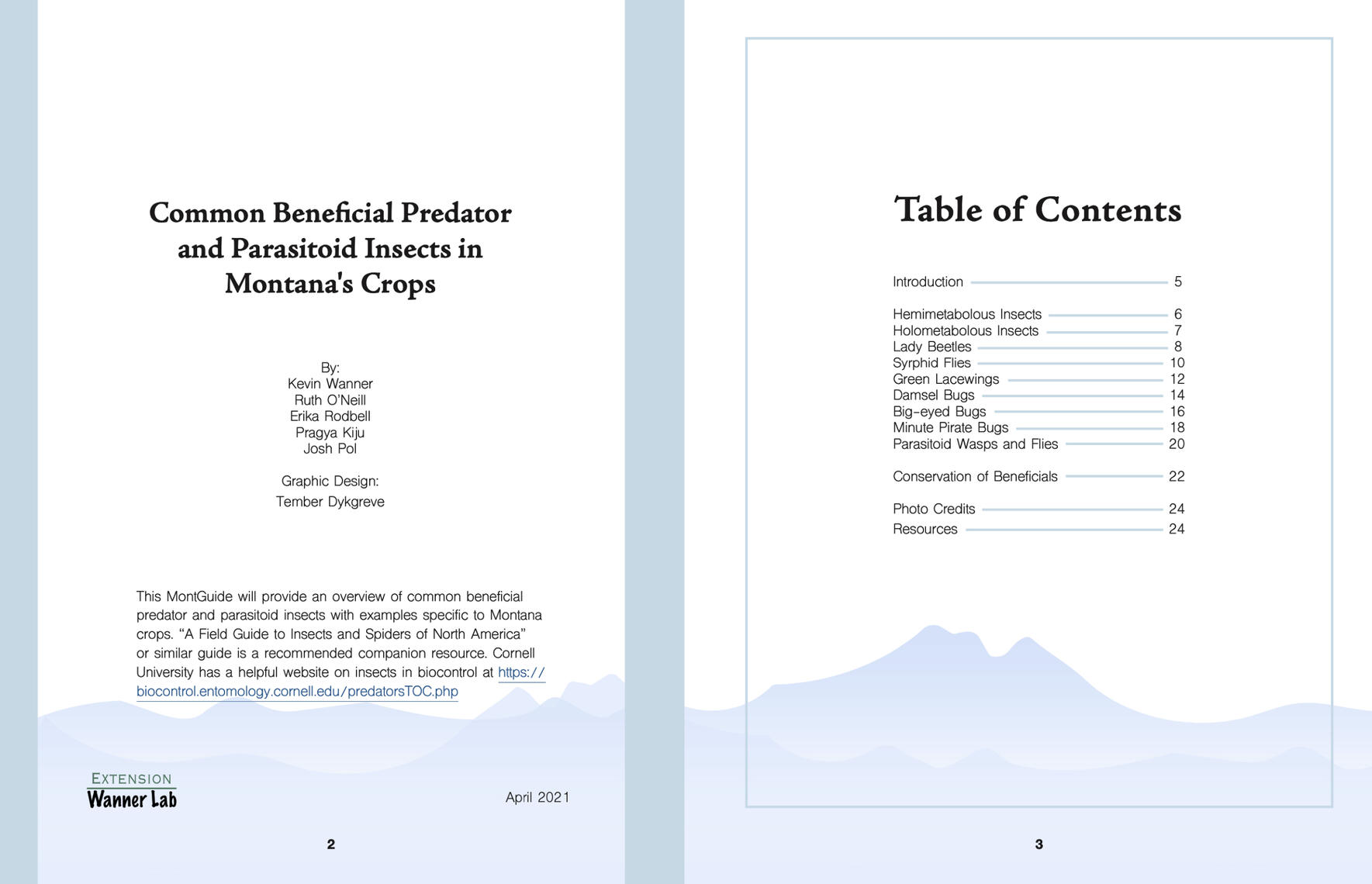 A blue spread of the field guide with copyright information on the left and the table of contents on the right.