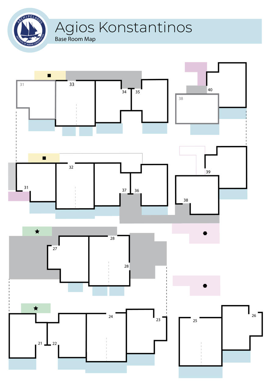 A simplified map of the base with accurate room shapes, with delineated staircases and balconies. Titled "Agios Konstantinos: Base Room Map"