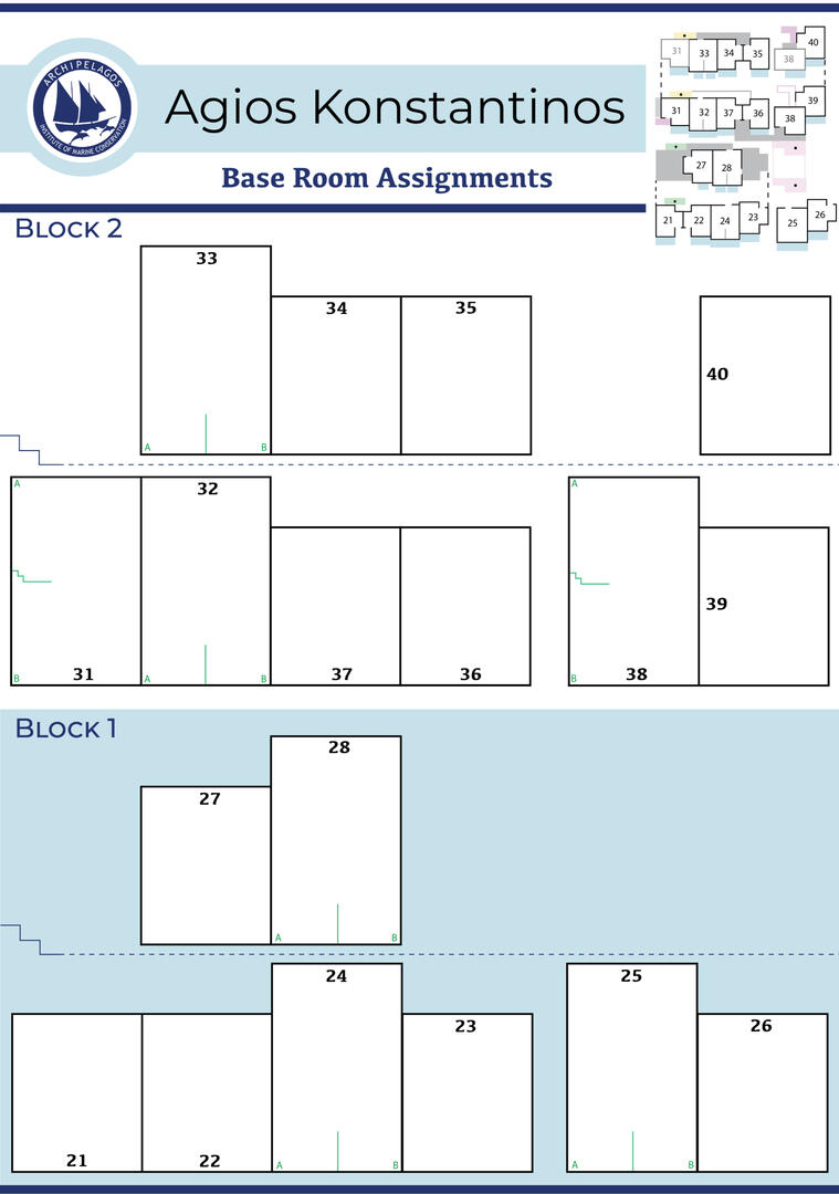 A further simplified map with just squares to symbolize the rooms. Titled "Agios Konstantinos Base Room Assignments"