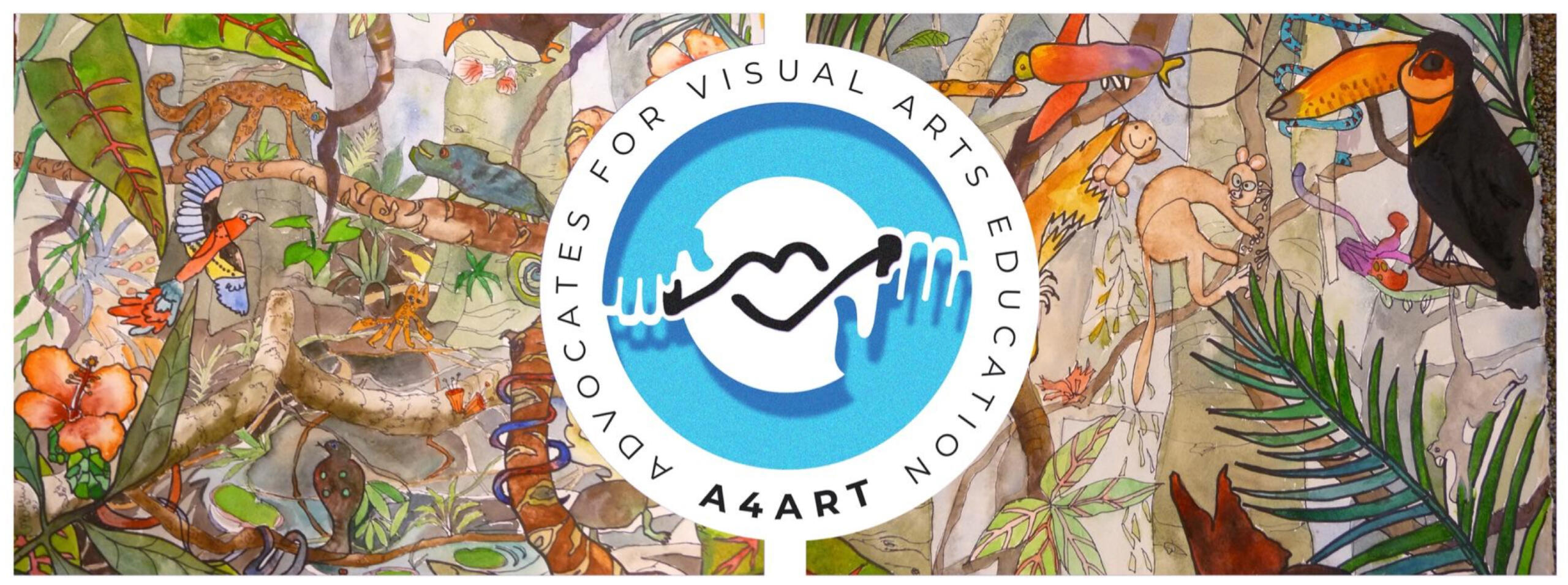The website banner. The logo is recessed in the center. Surrounding it is children's art.
