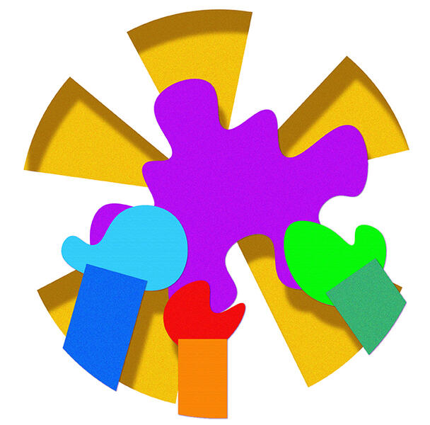Three hands reach for a puzzle piece. Underneath is a cut-out of rays coming out from the puzzle piece.