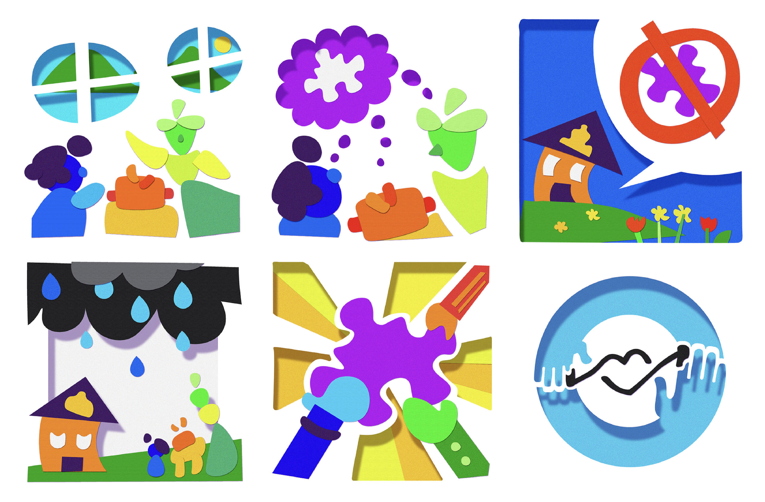 A comic. Two children and a woman teacher are inside. They think about what is missing from the classroom. They are sad. They find the puzzle piece, which symbolizes art. The logo is then shown in a cut-out style.