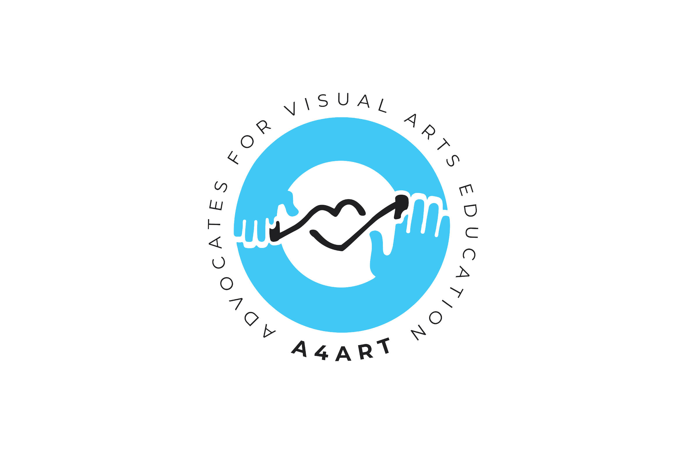 The A4Art Logo is in the center. It has two hands, an adult and child, making a circle. Inside the circle is a heart drawn by the index finger of each hand. Around the circle is written A4ART advocates for visual arts education.